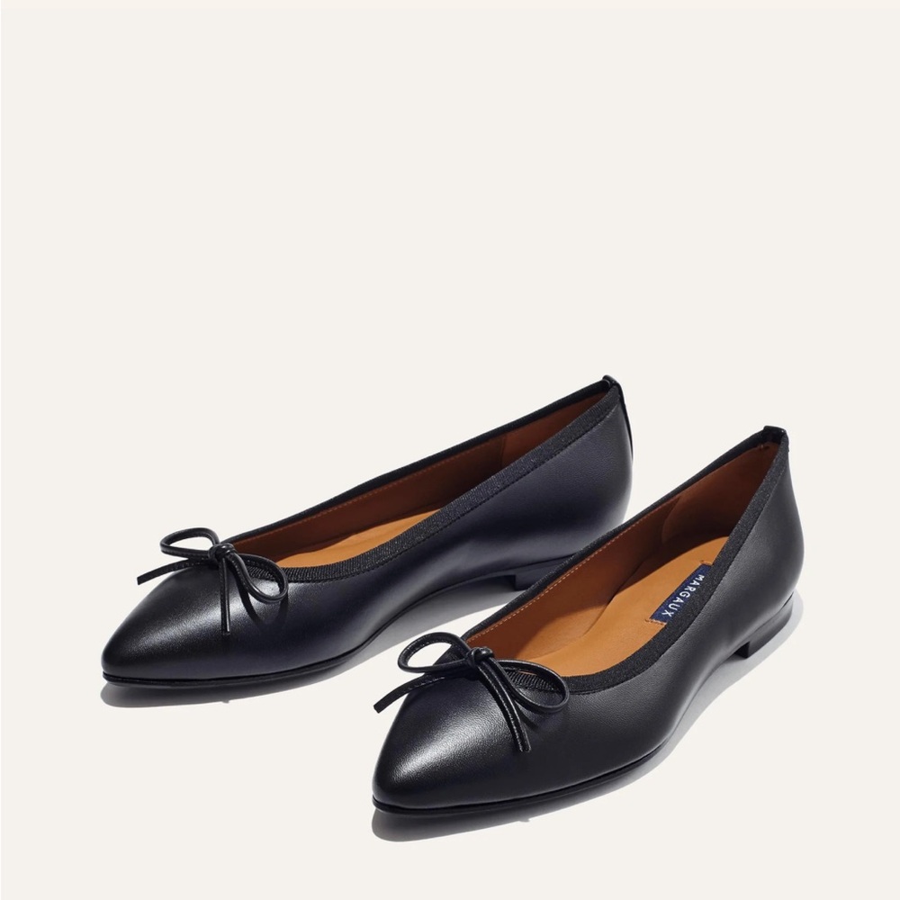 Margaux NY The Pointe Leather Ballet Flats with Bow, Black Nappa